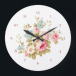 Engels Cottage  Roze Rozen Grote Klok<br><div class="desc">Prachtige cluster van roze rozen en madeliefjes met blauwe wilde bloemen en salie gebladerte. De achtergrondkleur kan worden aangepast. Inclusief aanpasbare cijfers.</div>