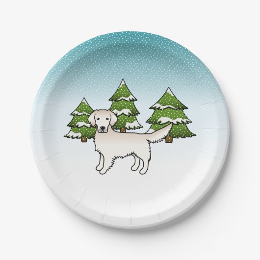 Engels Cream Golden Retriever in Winter & Trees Papieren Bordje (Voorkant)