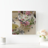 Engels Floral Teapot Teacup Wall Clcok Vierkante Klok (Huis)