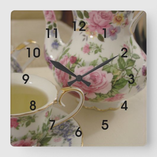 Engels Floral Teapot Teacup Wall Clcok Vierkante Klok (Voorkant)