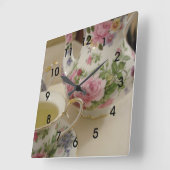 Engels Floral Teapot Teacup Wall Clcok Vierkante Klok (Hoek)