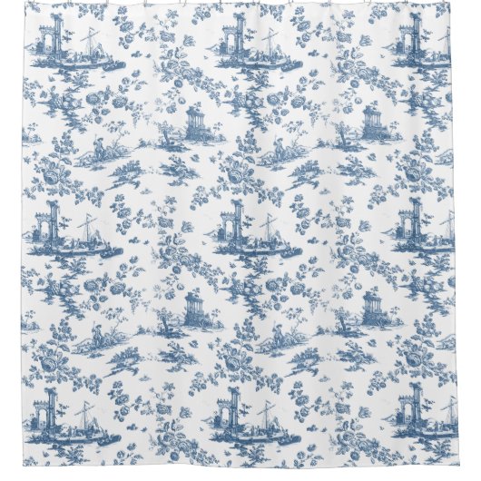  Engels Floral Toile de Jouy-Blue Douchegordijn (Voorkant)
