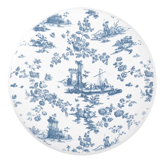  Engels Floral Toile de Jouy-Blue Keramische Knop (Voorkant)