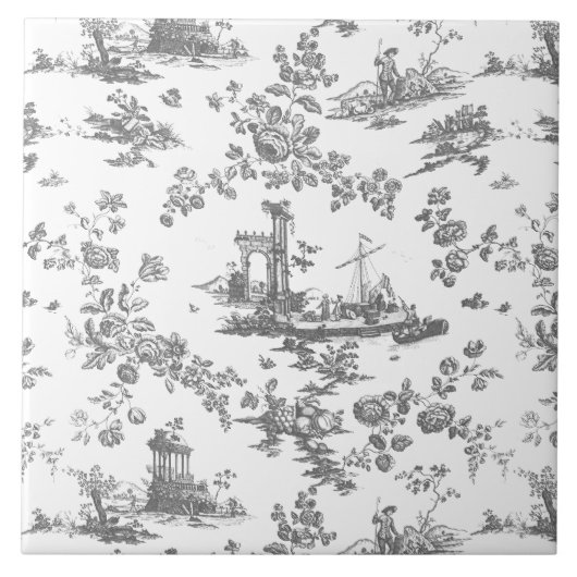  Engels Floral Toile de Jouy-Grey Tegeltje (Voorkant)