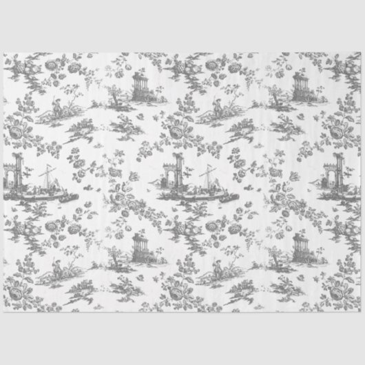 Engels Floral Toile de Jouy-Grey Tissuepapier (Voorkant)