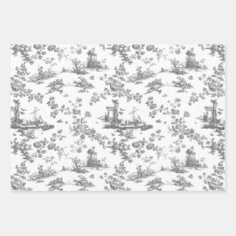  Engels Floral Toile-Pink, Blue, Grey Inpakpapier Vel