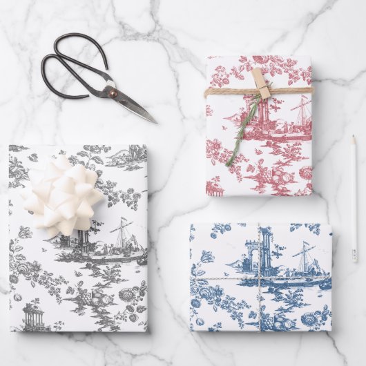 Engels Floral Toile-Pink, Blue, Grey Inpakpapier Vel (Voorkant)