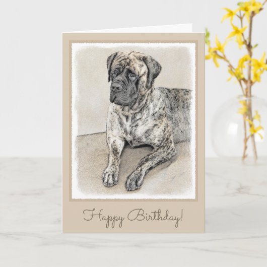 Engels Mastiff (Brindle) schilderen - Dog Art Kaart (Gele Bloem)