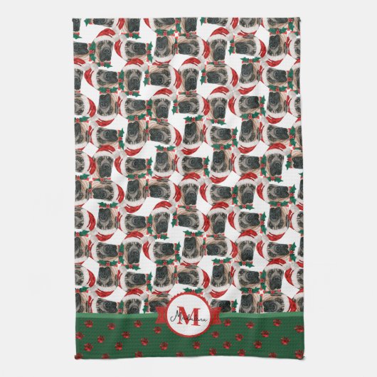Engels Mastiff Pattern Monogram Kerstmis Dog Theedoek (Verticaal)