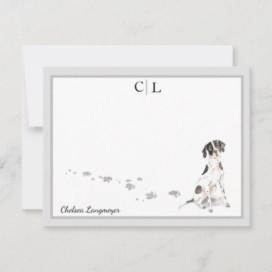 Engels Point Dog Gray Border Monogram & Name Notitiekaartje (Voorkant)