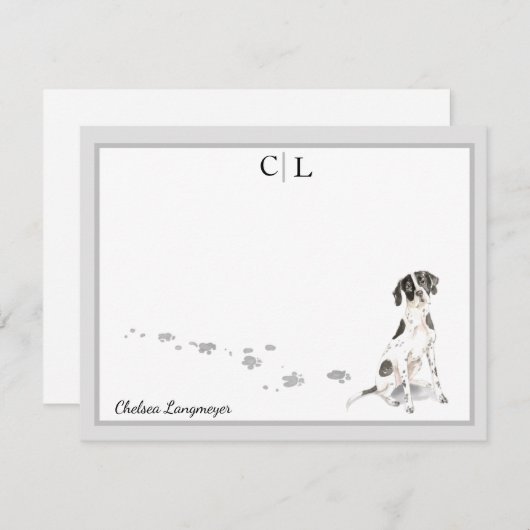 Engels Point Dog Gray Border Monogram & Name Notitiekaartje (Voorkant / Achterkant)
