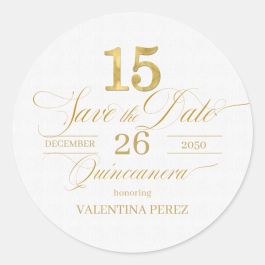 Engels Quinceanera Save the Date in Gold Ronde Sticker (Voorkant)