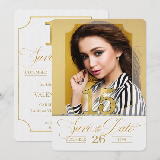 Engels Quinceanera Save the Date in Golden Hues (Voorkant / Achterkant)