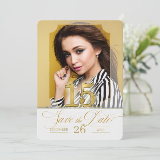 Engels Quinceanera Save the Date in Golden Hues (Staand voorkant)