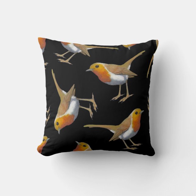 Engels Robin Pattern on Black, Original Art, Bird Kussen (Voorkant)