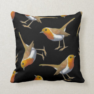 Engels Robin Pattern on Black, Original Art, Bird Kussen