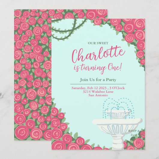 Engels Roos Garden 1st Birthday Uitnodiging (Voorkant / Achterkant)