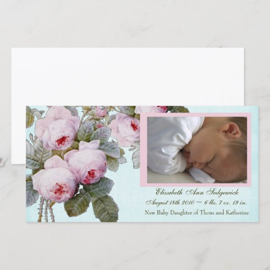 Engels Roos Geboorteaankondiging voor Baby Girl Aankondiging (Voorkant / Achterkant)