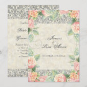 Engels Roos, Peach & Silver bruiloft uitnodiging (Voorkant / Achterkant)