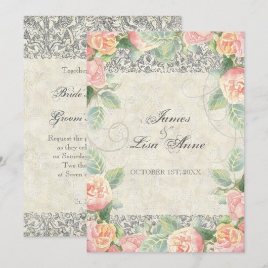 Engels Roos, Peach & Silver bruiloft uitnodiging (Voorkant / Achterkant)