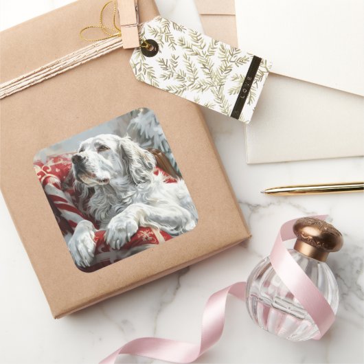 Engels Setter Dog Kerstfeest Vierkante Sticker (Geschenken)