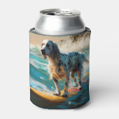 Engels setter strand surfen schilderij blikjeskoeler (Blikje Voorkant)