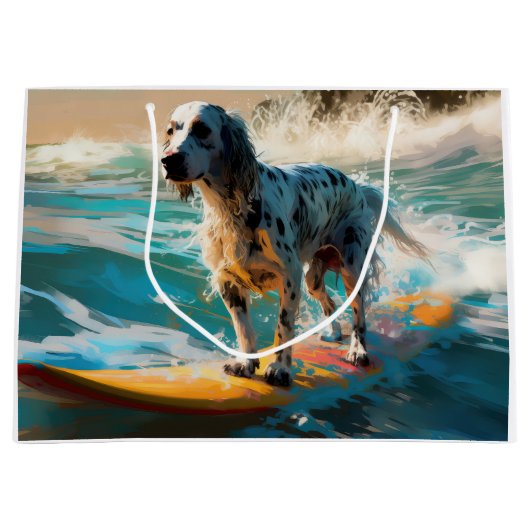 Engels setter strand surfen schilderij groot cadeauzakje (Voorkant)