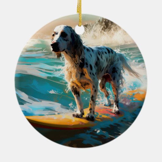 Engels setter strand surfen schilderij keramisch ornament (Achterkant)