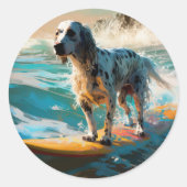 Engels setter strand surfen schilderij ronde sticker (Voorkant)