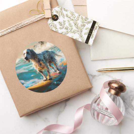 Engels setter strand surfen schilderij ronde sticker (Geschenken)