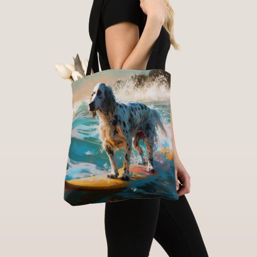 Engels setter strand surfen schilderij tote bag (Dichtbij)