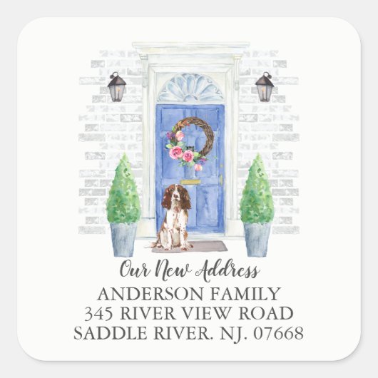 Engels Springer Spaniel Deur Nieuw adreslabel Vierkante Sticker (Voorkant)