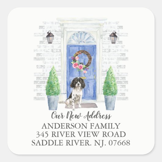 Engels Springer Spaniel Deur Nieuw adreslabel Vierkante Sticker (Voorkant)