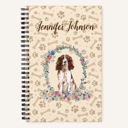 Engels Springer Spaniel Dog Paw Print & Floral Notitieboek (Voorkant)