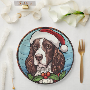 Engels Springer Spaniel Glas in lood Kerst Papieren Bordje