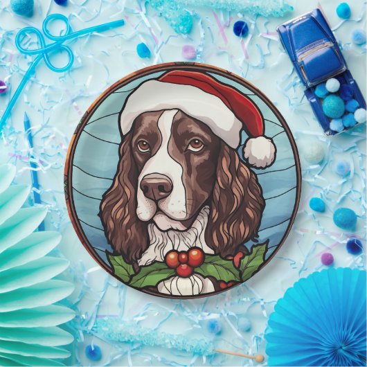 Engels Springer Spaniel Glas in lood Kerst Papieren Bordje (Feest)