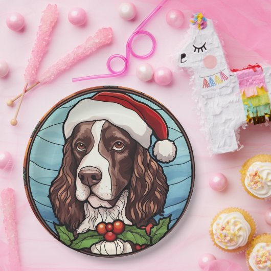 Engels Springer Spaniel Glas in lood Kerst Papieren Bordje (Feest)