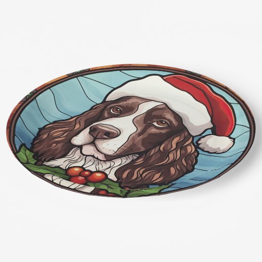 Engels Springer Spaniel Glas in lood Kerst Papieren Bordje (Gekanteld)