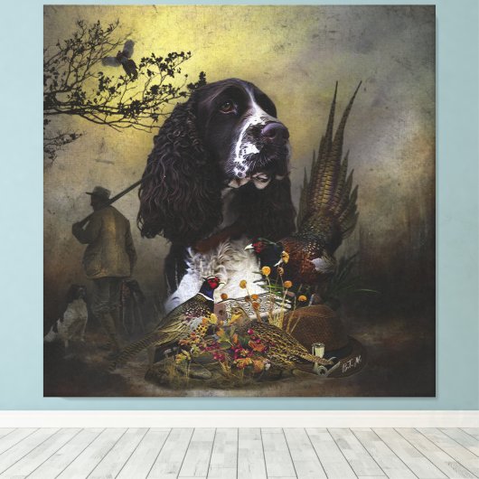 Engels Springer Spaniel met fazant Canvas Afdruk (Insitu (Houten vloer))