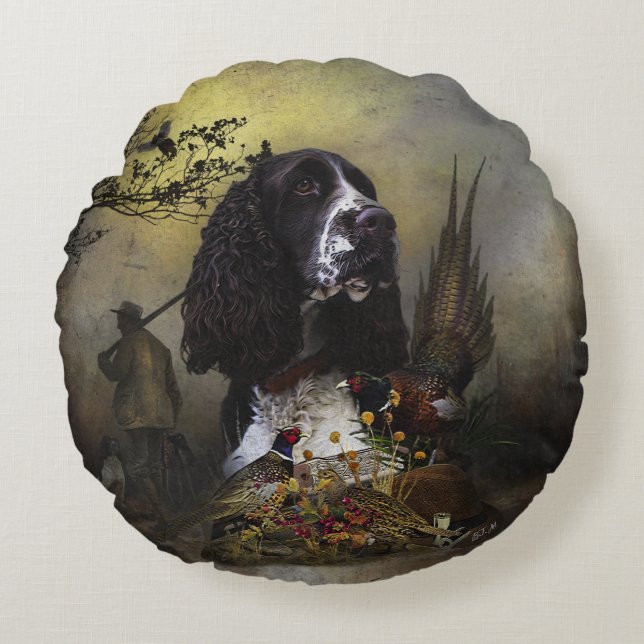 Engels Springer Spaniel met fazant Rond Kussen (Voorkant)