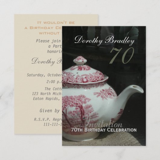 Engels Teapot 70th Birthday Invitation Kaart (Voorkant / Achterkant)