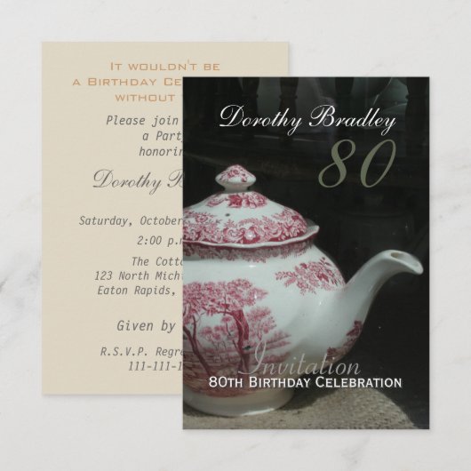  Engels Teapot 80th Birthday Invitation Kaart (Voorkant / Achterkant)