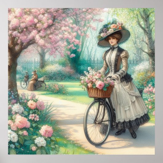  Engels Victoriaans Dame op de fiets in het park Poster (Voorkant)