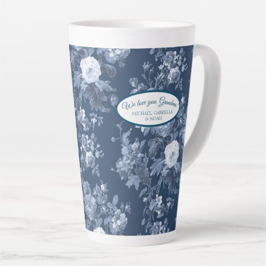 Engelse bloementuin Navy Blue n White Oma Latte Mok (Rechterhoek)