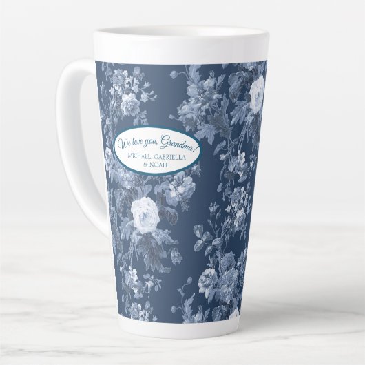 Engelse bloementuin Navy Blue n White Oma Latte Mok (Linkerhoek)