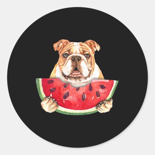 Engelse buldog hond en watermeloen tropische vruch ronde sticker (Voorkant)