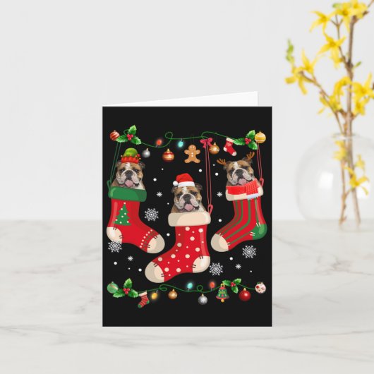 Engelse buldog in sok Kerstmis Kerstman X-mas hond Kaart (Gele Bloem)