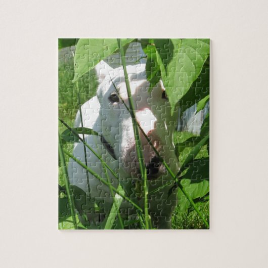 Engelse bull Terrier die door de bladeren stroomt Legpuzzel (Verticaal)