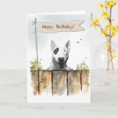 Engelse Bull Terrier hond onder verjaardagsbord Kaart (Gele Bloem)