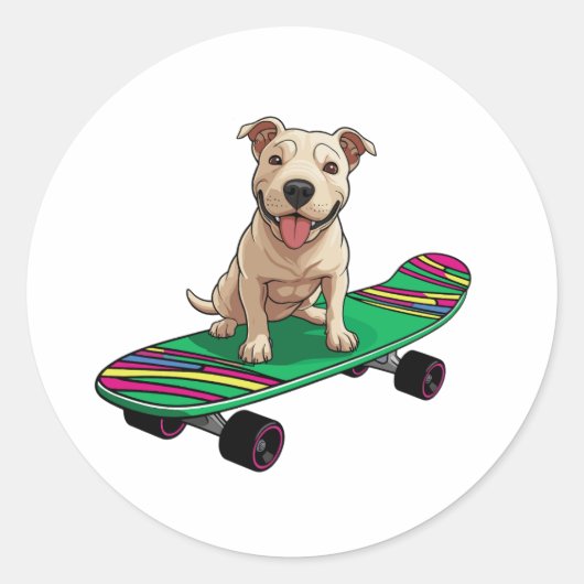 Engelse Bull Terrier op een Skateboard Ronde Sticker (Voorkant)